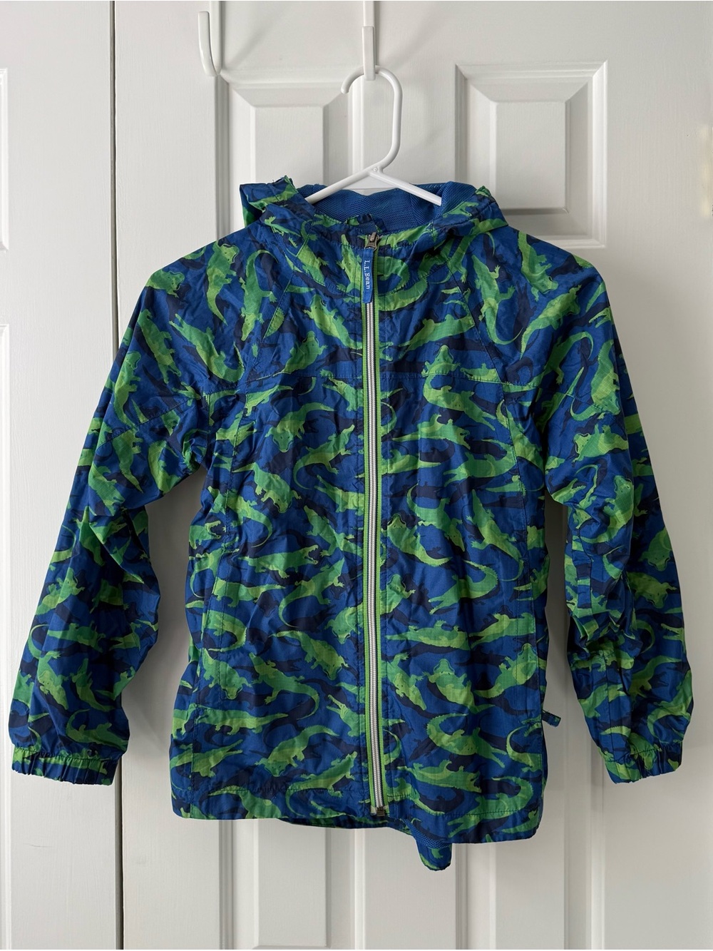 L.L. Bean Kids Blue & Green Alligator Hooded Rain Jacket size 10 EUC
